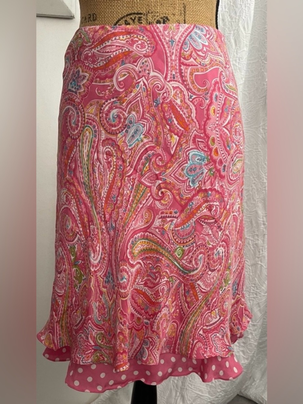 Jones New York Signature Silk Ruffle Hem Skirt Paisley Polka Dots Y2K Size 12